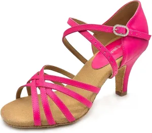 BL304, Cha Cha, Lacey Schwimmer 3" Latin Heels for Dancers, Vegan Leather in Hot Pink, Satin Black, and Leather Caramel