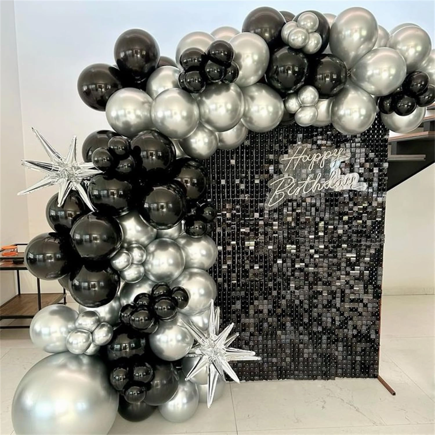 Black and Silver Balloon Garland Arch Kit with 3pcs Star Balloons, Silver and Black Balloon Confetti Latex Balloons for Birthday Wedding Graduation Baby Shower Disco Anniversary Party Decorations