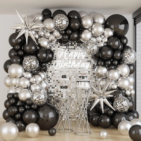 Black and Silver Balloon Garland Arch Kit with 3pcs Star Balloons, Silver and Black Balloon Confetti Latex Balloons for Birthday Wedding Graduation Baby Shower Disco Anniversary Party Decorations