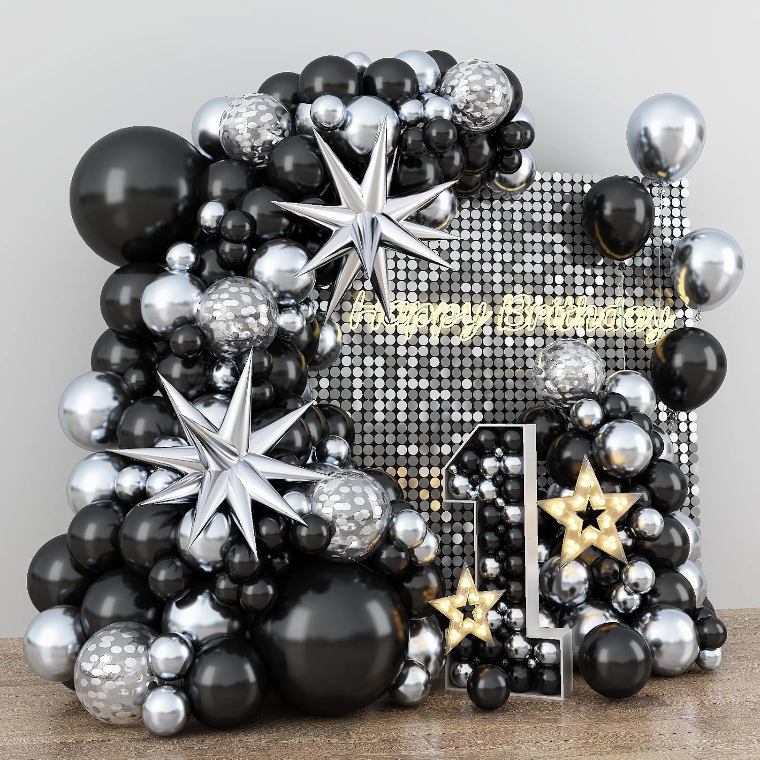 Black and Silver Balloon Garland Arch Kit with 3pcs Star Balloons, Silver and Black Balloon Confetti Latex Balloons for Birthday Wedding Graduation Baby Shower Disco Anniversary Party Decorations