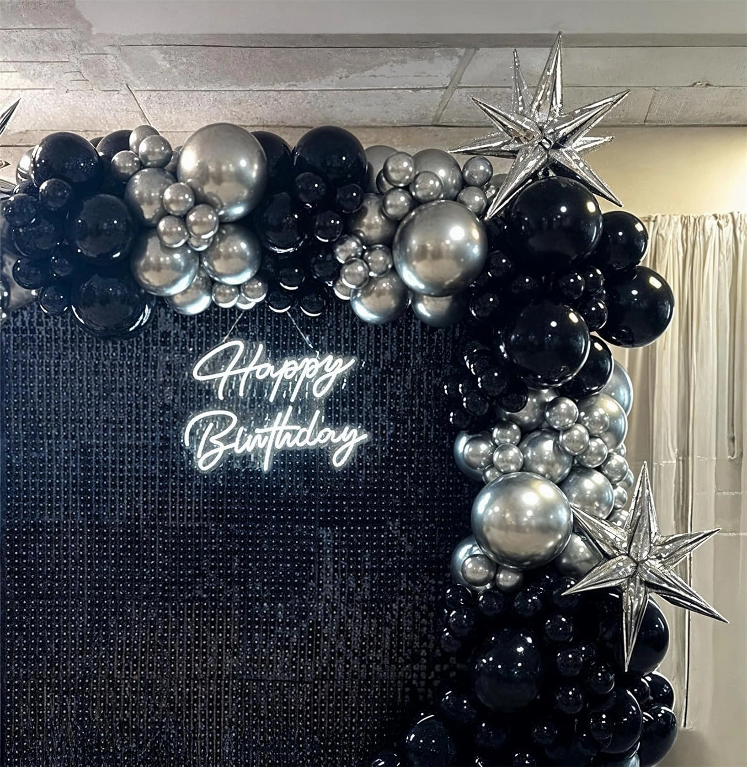Black and Silver Balloon Garland Arch Kit with 3pcs Star Balloons, Silver and Black Balloon Confetti Latex Balloons for Birthday Wedding Graduation Baby Shower Disco Anniversary Party Decorations