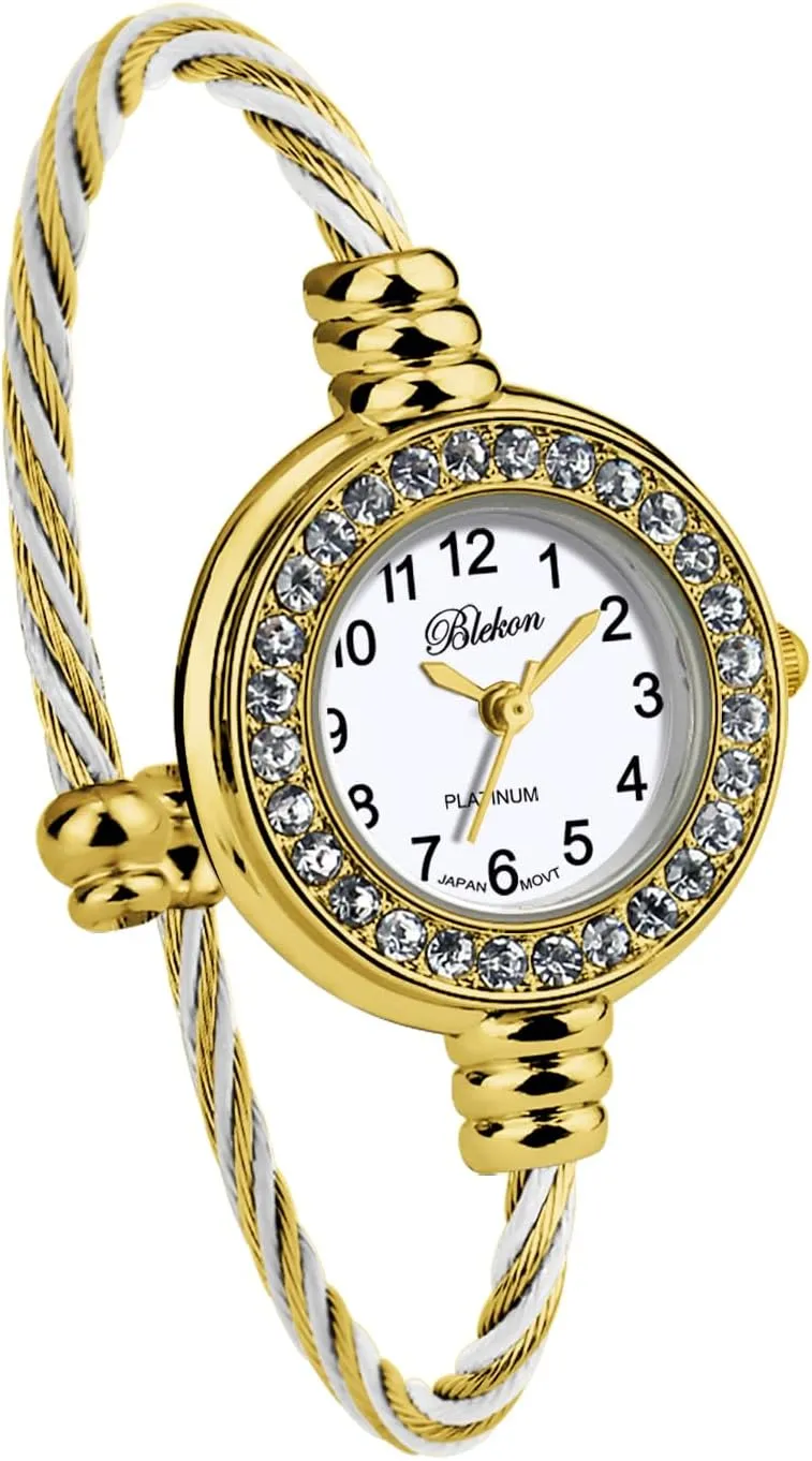 Blekon Collections Women's Cuff Watch - Round Analog Display Arabic Numbers 23mm Case Wire Bracelet Watch for Women Elegant Cable Cuff Bangle Wrist Watch