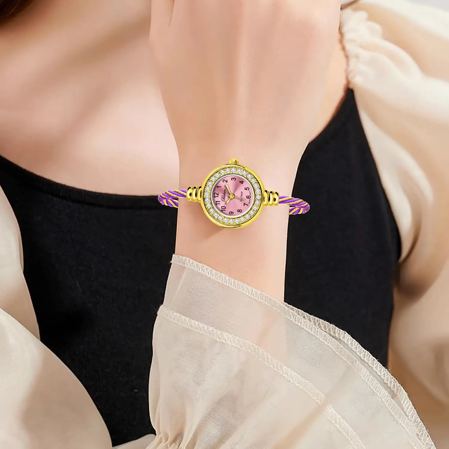Blekon Collections Women's Cuff Watch - Round Analog Display Arabic Numbers 23mm Case Wire Bracelet Watch for Women Elegant Cable Cuff Bangle Wrist Watch