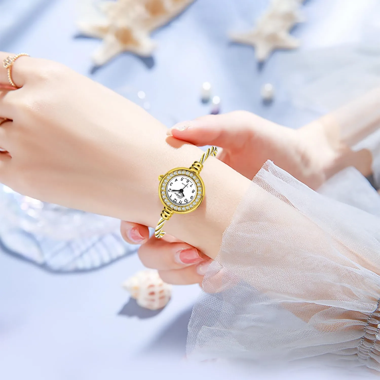 Blekon Collections Women's Cuff Watch - Round Analog Display Arabic Numbers 23mm Case Wire Bracelet Watch for Women Elegant Cable Cuff Bangle Wrist Watch
