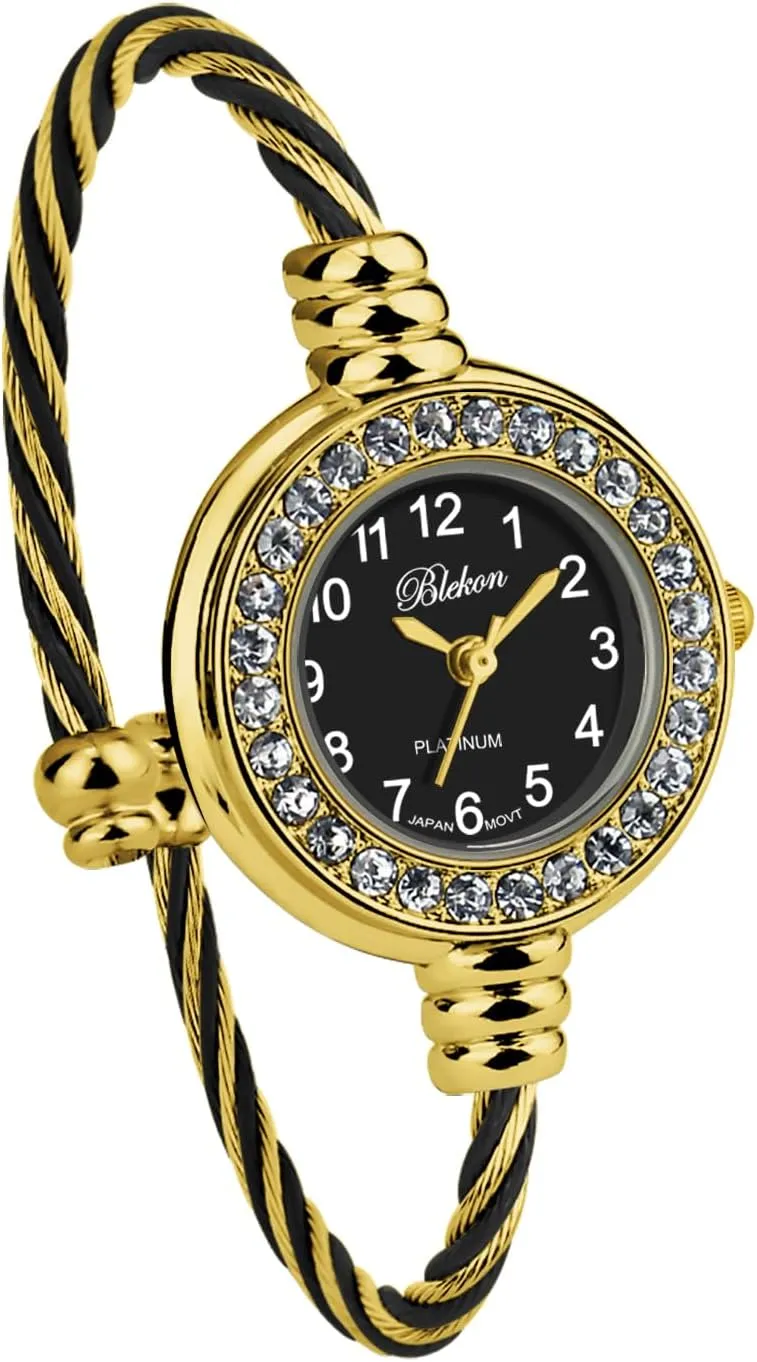Blekon Collections Women's Cuff Watch - Round Analog Display Arabic Numbers 23mm Case Wire Bracelet Watch for Women Elegant Cable Cuff Bangle Wrist Watch
