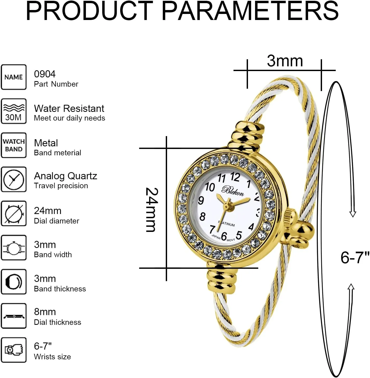 Blekon Collections Women's Cuff Watch - Round Analog Display Arabic Numbers 23mm Case Wire Bracelet Watch for Women Elegant Cable Cuff Bangle Wrist Watch