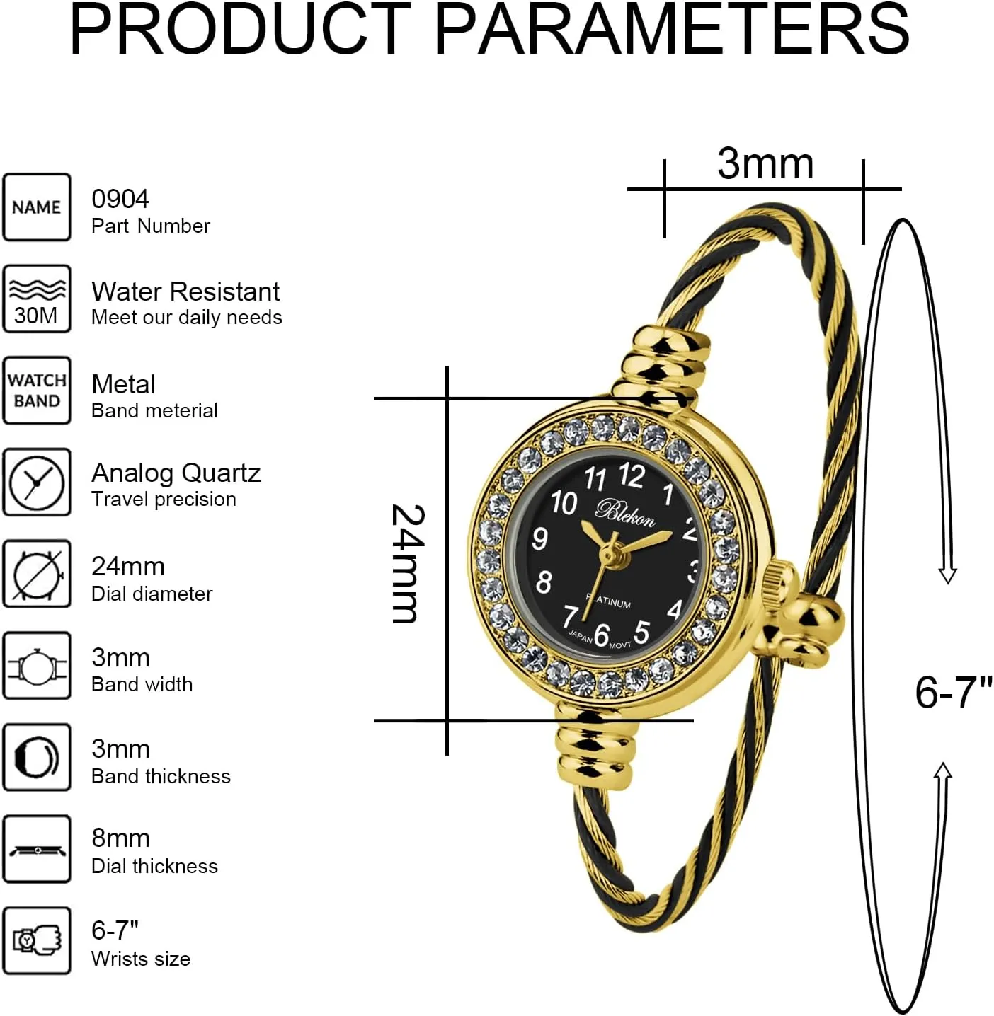 Blekon Collections Women's Cuff Watch - Round Analog Display Arabic Numbers 23mm Case Wire Bracelet Watch for Women Elegant Cable Cuff Bangle Wrist Watch