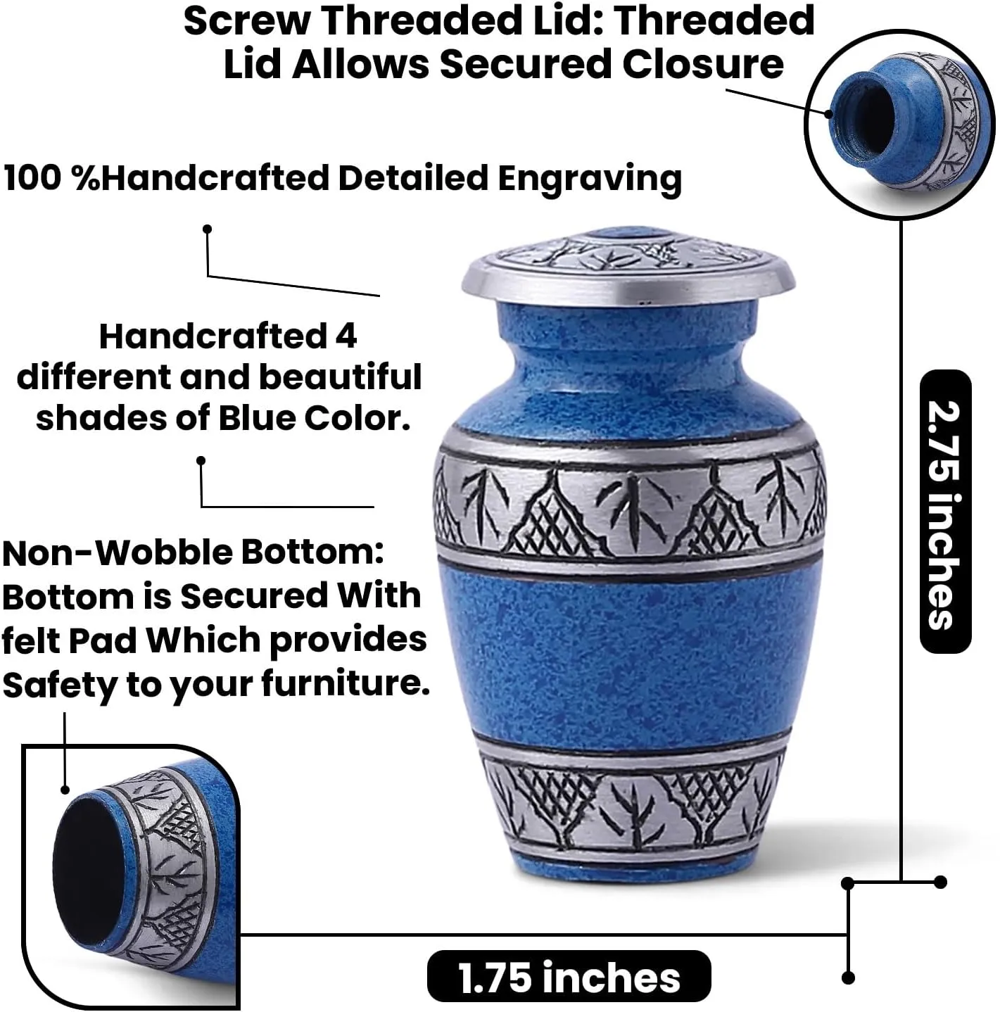 Blue Small Keepsake Urns Set of 4 for Human Ashes | Mini Cremation Ash Container for Funeral Remains | Four Velvet Carry Bag | Paper Funnel | Blue RoKiS4