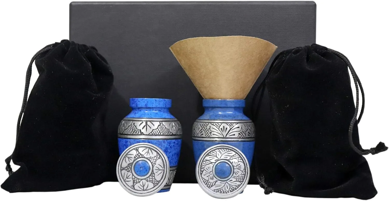 Blue Small Keepsake Urns Set of 4 for Human Ashes | Mini Cremation Ash Container for Funeral Remains | Four Velvet Carry Bag | Paper Funnel | Blue RoKiS4