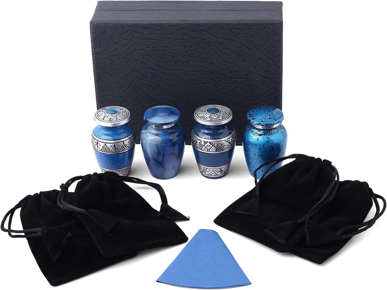Blue Small Keepsake Urns Set of 4 for Human Ashes | Mini Cremation Ash Container for Funeral Remains | Four Velvet Carry Bag | Paper Funnel | Blue RoKiS4