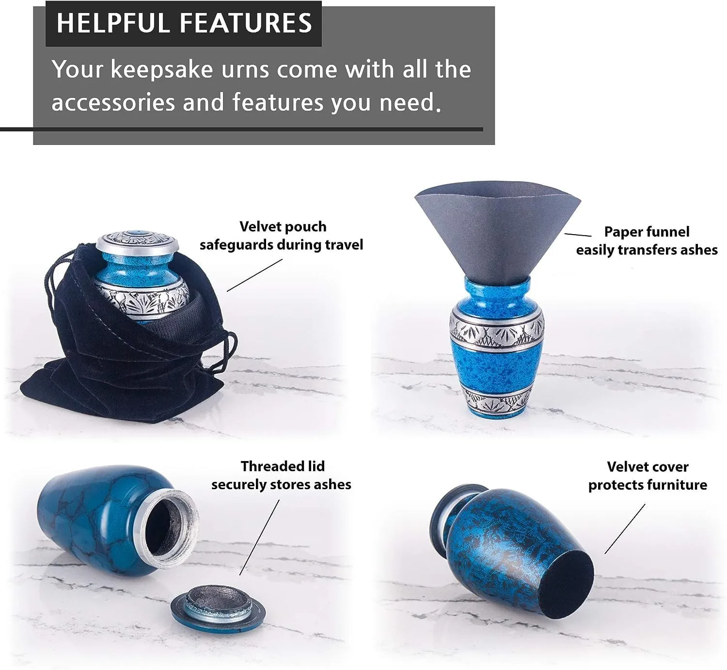 Blue Small Keepsake Urns Set of 4 for Human Ashes | Mini Cremation Ash Container for Funeral Remains | Four Velvet Carry Bag | Paper Funnel | Blue RoKiS4
