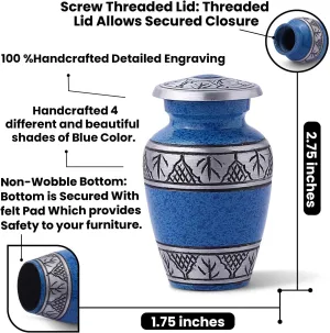 Blue Small Keepsake Urns Set of 4 for Human Ashes | Mini Cremation Ash Container for Funeral Remains | Four Velvet Carry Bag | Paper Funnel | Blue RoKiS4