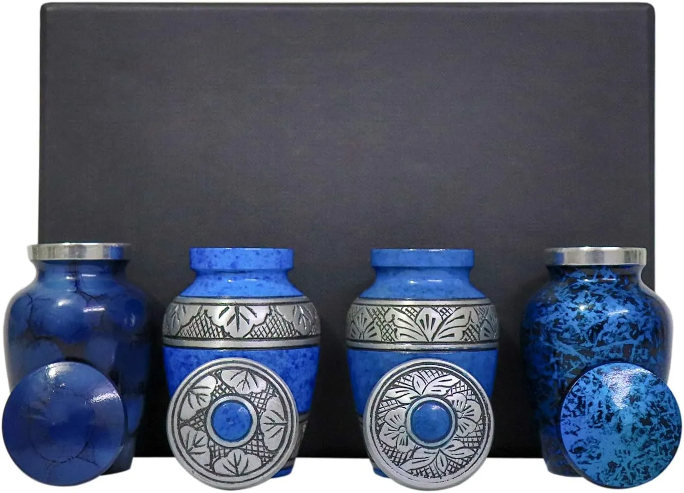 Blue Small Keepsake Urns Set of 4 for Human Ashes | Mini Cremation Ash Container for Funeral Remains | Four Velvet Carry Bag | Paper Funnel | Blue RoKiS4