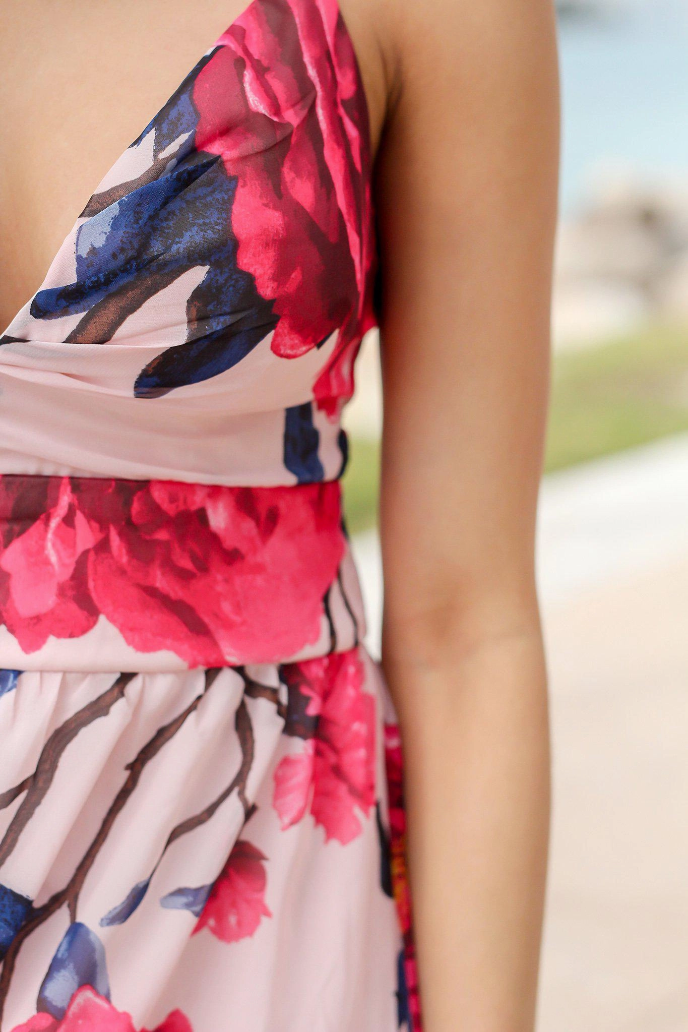 Blush and Fuchsia Floral Maxi Dress with Criss Cross Back
