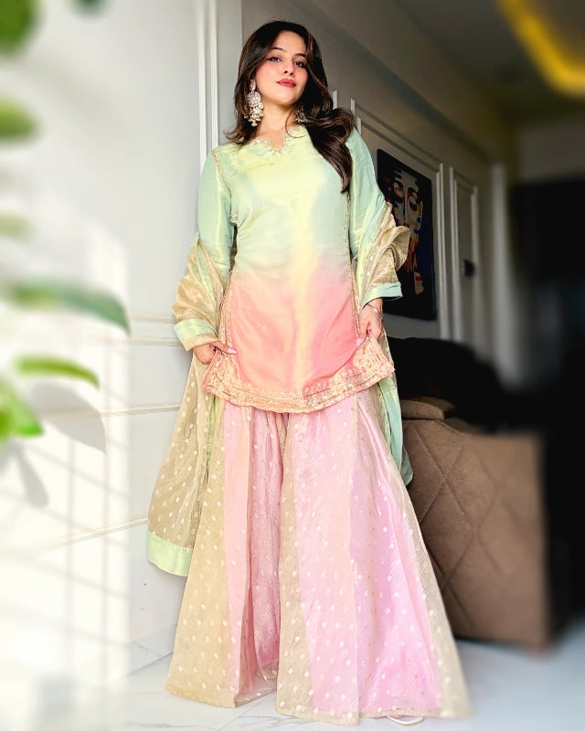 Blush Mint Zari Tissue Kurta with Sharara - Set of 2