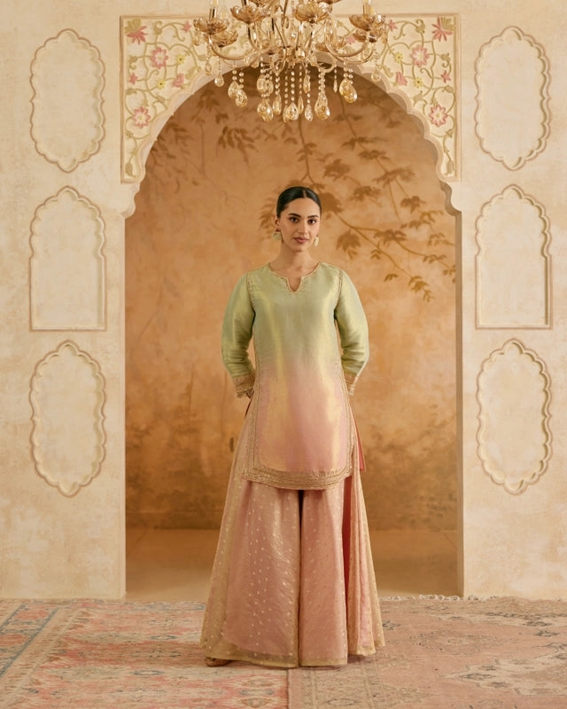 Blush Mint Zari Tissue Kurta with Sharara - Set of 2