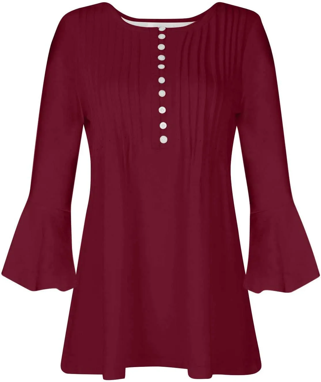 Boho Tops for Women Fall Solid Button Down Empire Waist Pleated Shirts V-Neck Fashion 3/4 Sleeve Vintage Flowy Blouse