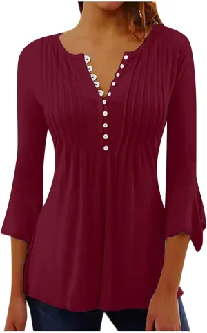 Boho Tops for Women Fall Solid Button Down Empire Waist Pleated Shirts V-Neck Fashion 3/4 Sleeve Vintage Flowy Blouse