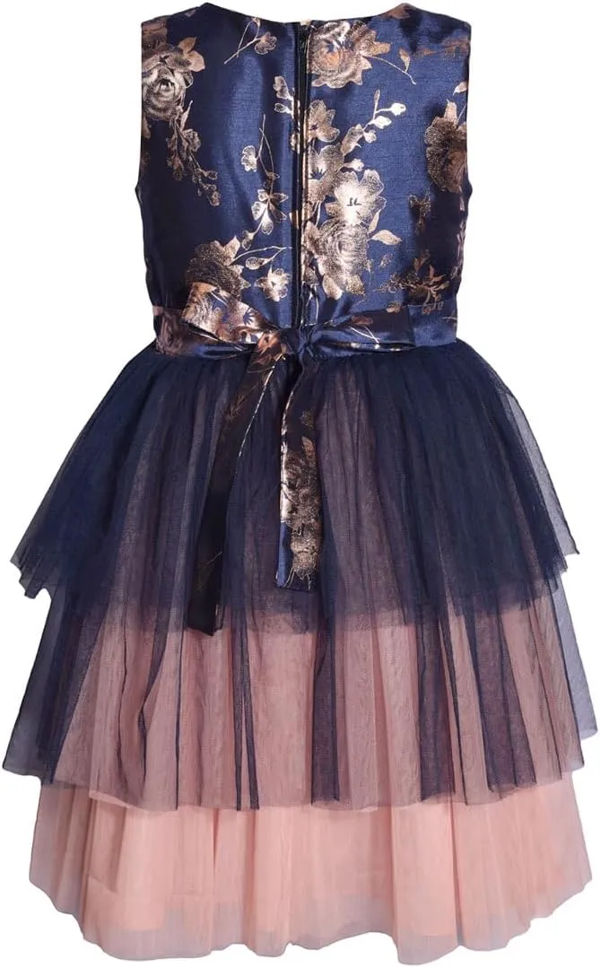 Bonnie Jean Girls 4-16 Navy Pink Foiled Shantung Tiered Mesh Dress