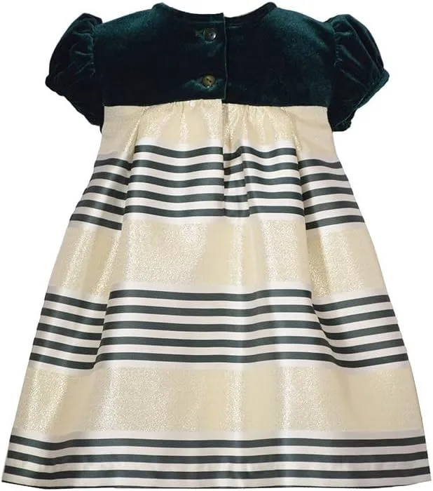 Bonnie Jean Green Holiday Christmas Dress - Short Sleeve Green and Gold Stripe for Baby Girls