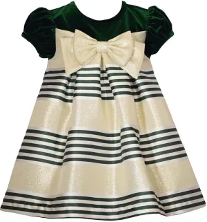 Bonnie Jean Green Holiday Christmas Dress - Short Sleeve Green and Gold Stripe for Baby Girls