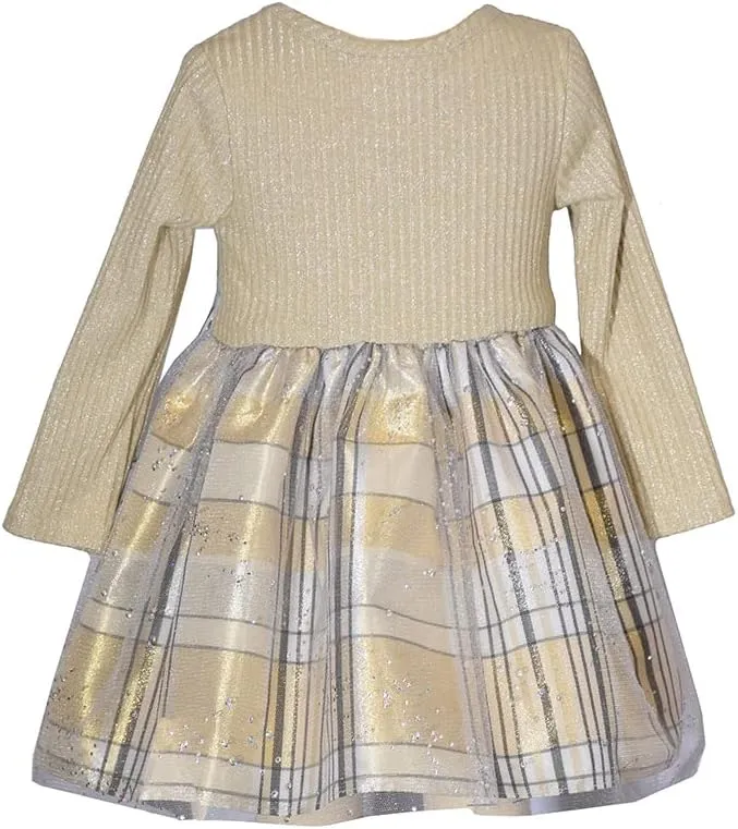 Bonnie Jean Holiday Christmas Dress - Gold Knit Plaid Dress