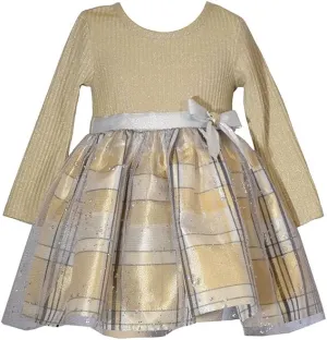 Bonnie Jean Holiday Christmas Dress - Gold Knit Plaid Dress