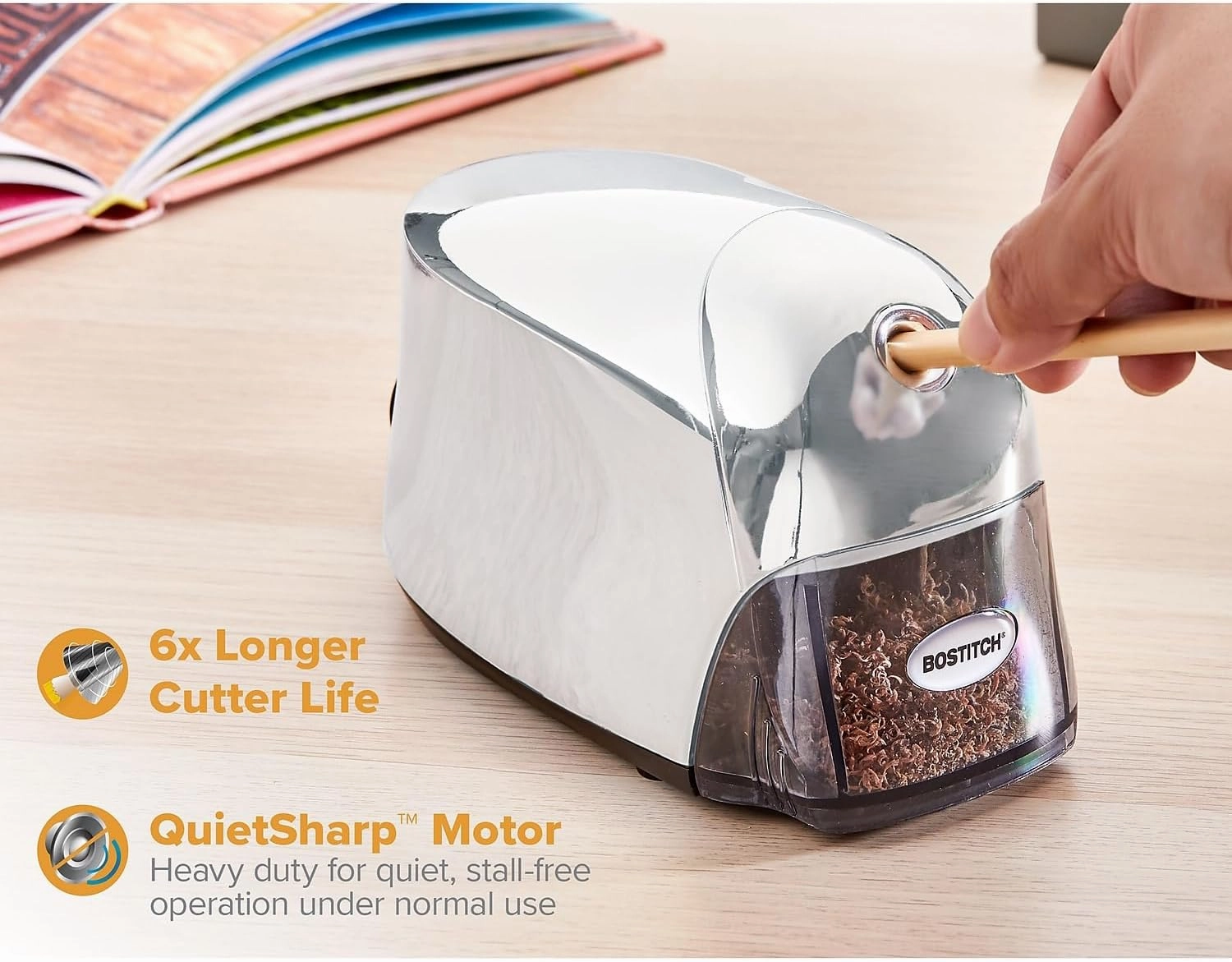 Bostitch Office QuietSharp Executive Heavy Duty Electric Pencil Sharpener for 65% Faster Sharpening and 6X Longer Cutter Life - Colored Pencil Compatible, Silver Chrome