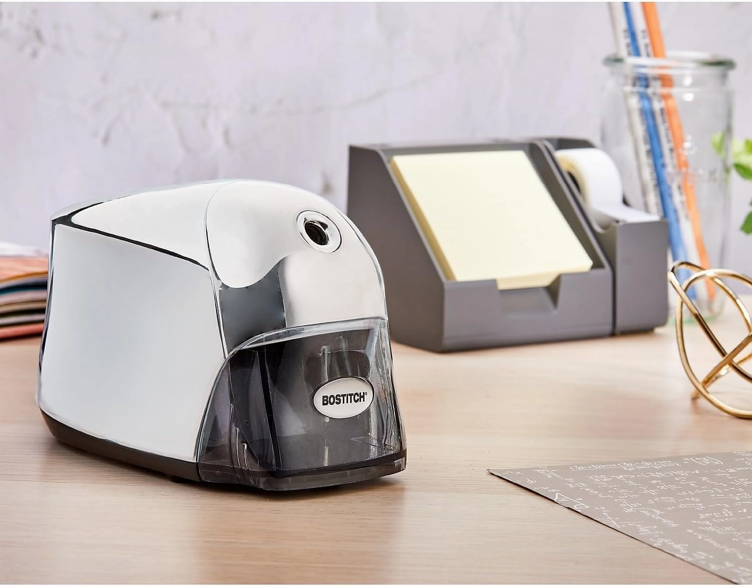 Bostitch Office QuietSharp Executive Heavy Duty Electric Pencil Sharpener for 65% Faster Sharpening and 6X Longer Cutter Life - Colored Pencil Compatible, Silver Chrome