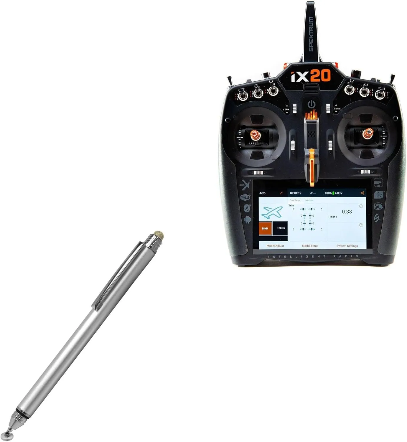 BoxWave Stylus Pen Compatible with Spektrum iX20 20-Channel DSMX Transmitter (5 in) - DualTip Capacitive Stylus, Fiber Tip Disc Tip Capacitive Stylus Pen - Metallic Silver