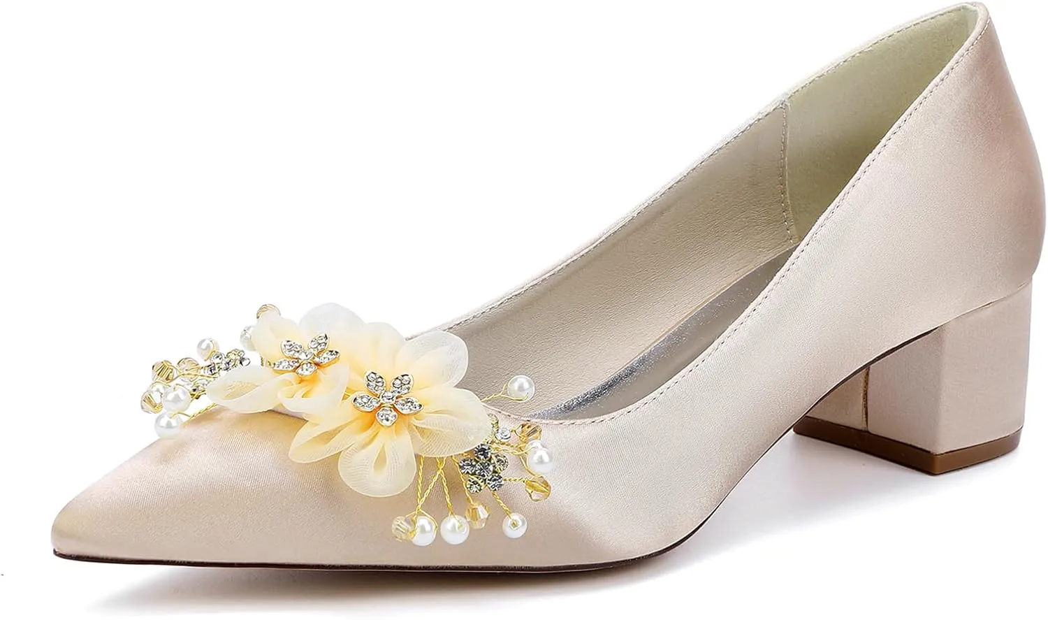 Bridal for Wedding Shoes Flowers Slip-On Heels Women Pumps Women Bride Sandals Closed Toe Dress Shoes Satin Prom Elegant Block Heel