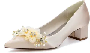 Bridal for Wedding Shoes Flowers Slip-On Heels Women Pumps Women Bride Sandals Closed Toe Dress Shoes Satin Prom Elegant Block Heel