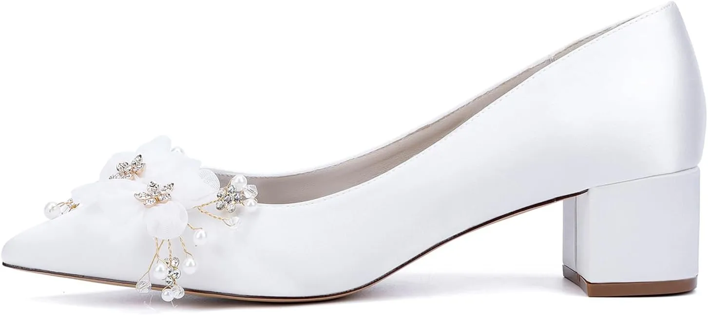 Bridal for Wedding Shoes Flowers Slip-On Heels Women Pumps Women Bride Sandals Closed Toe Dress Shoes Satin Prom Elegant Block Heel
