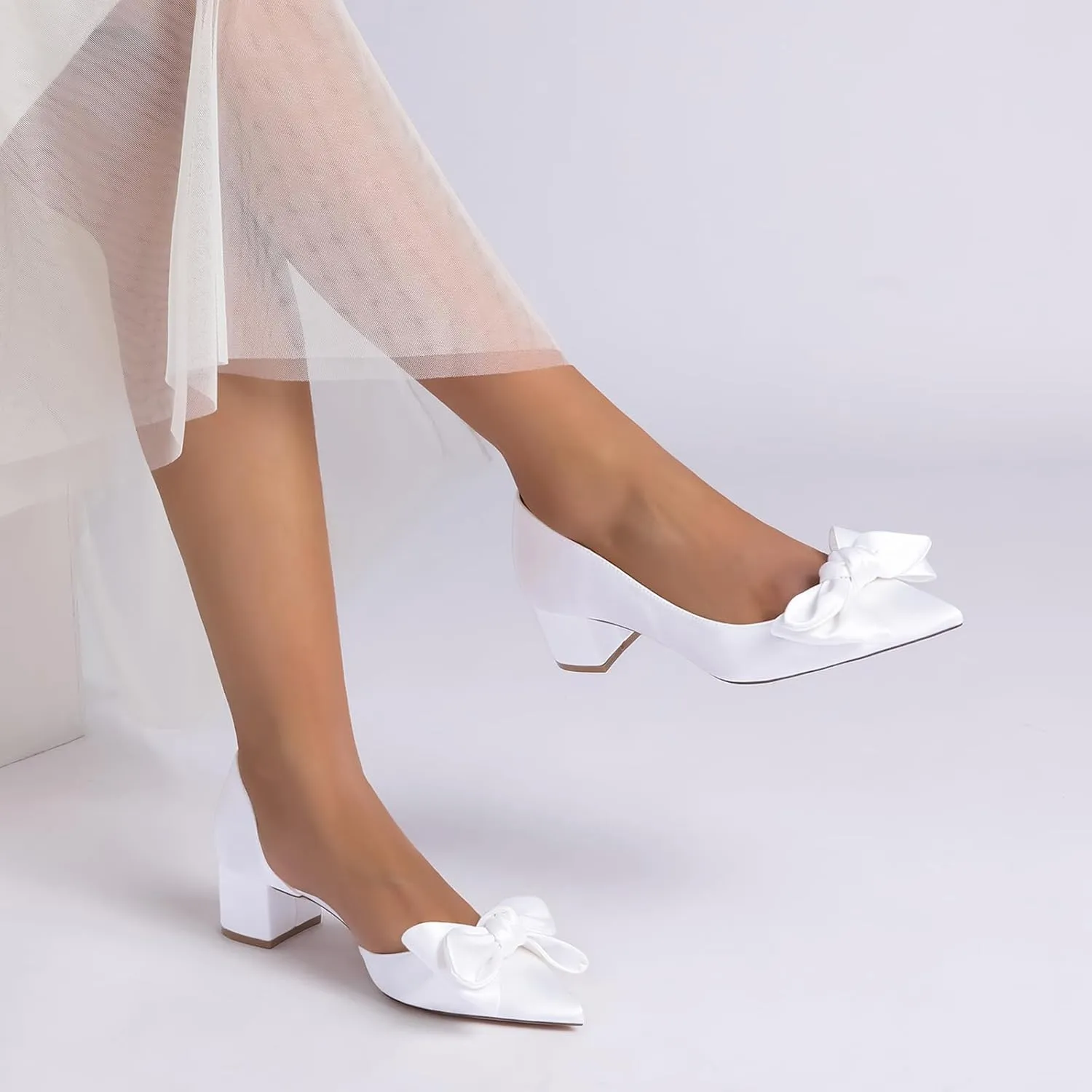 Bridal for Wedding Shoes Satin Heels with Bow Women Pumps Block Heel Women Bride Sandals Closed Toe Dress Shoes Slip-On Prom Elegant