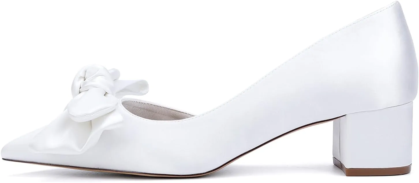 Bridal for Wedding Shoes Satin Heels with Bow Women Pumps Block Heel Women Bride Sandals Closed Toe Dress Shoes Slip-On Prom Elegant
