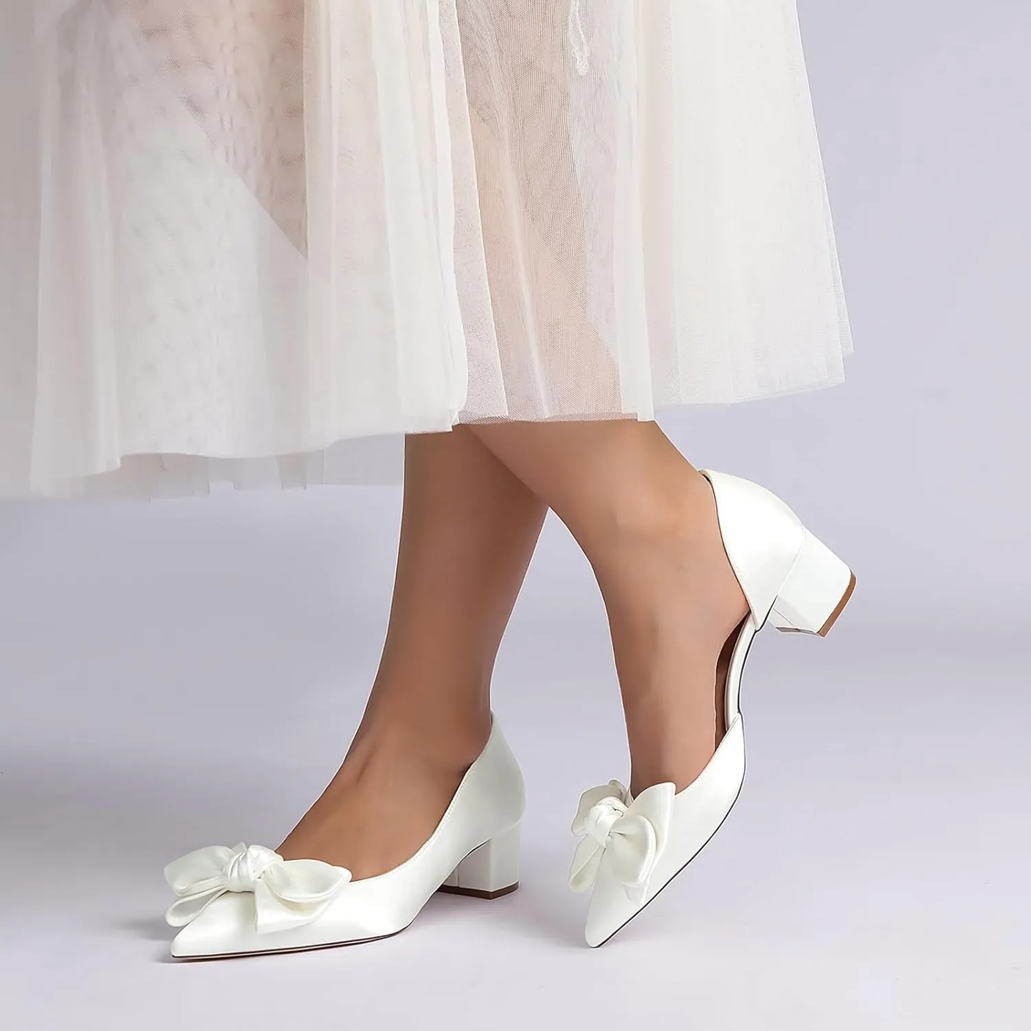 Bridal for Wedding Shoes Satin Heels with Bow Women Pumps Block Heel Women Bride Sandals Closed Toe Dress Shoes Slip-On Prom Elegant