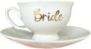 Bride Teacup and Saucer, 7oz White Porcelain Gold ""Bride"" Tea cup and Saucer, 7 Ounces. Bridal Shower Teacup. Bridal Tea Party Decor., Medium, CM020DK