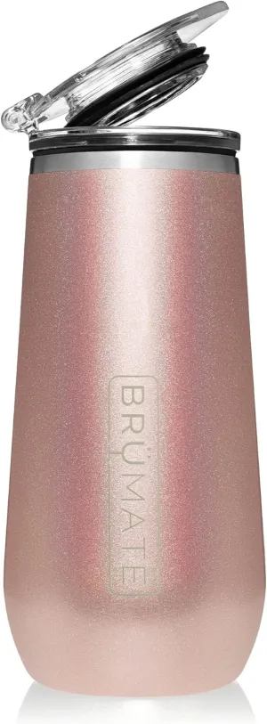 BrüMate 12oz Insulated Champagne Flute With Flip-Top Lid - Made With Vacuum Insulated Stainless Steel (Glitter Rose Gold)