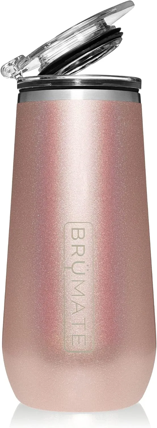 BrüMate 12oz Insulated Champagne Flute With Flip-Top Lid - Made With Vacuum Insulated Stainless Steel (Glitter Rose Gold)
