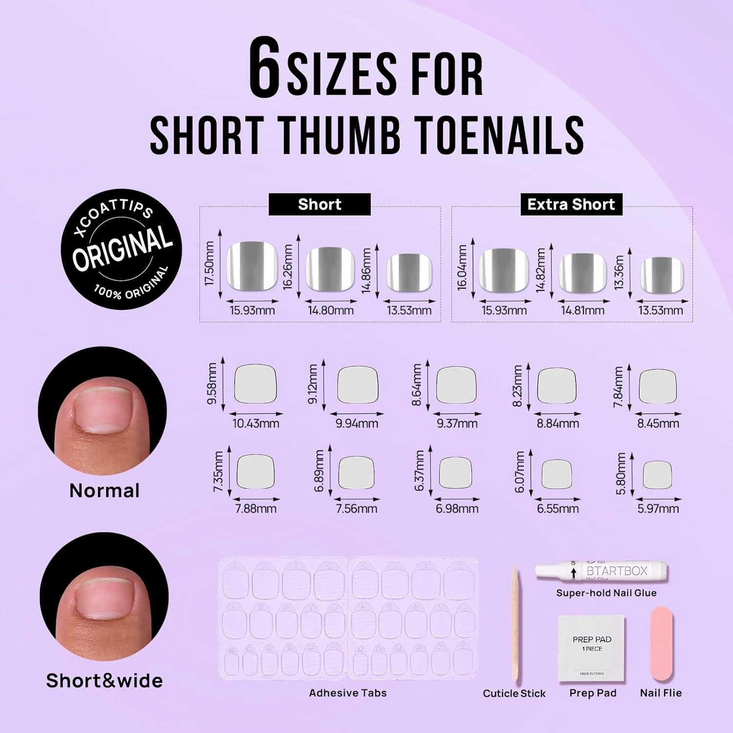 BTArtbox Press on Toenails Short, Metallic Mirror Sliver Toenail Press Ons Square, Fit Perfectly Press on Toe Nails with Glue, Fake Toenails in 16 Sizes- 32 Toenails Kit, Love Streams