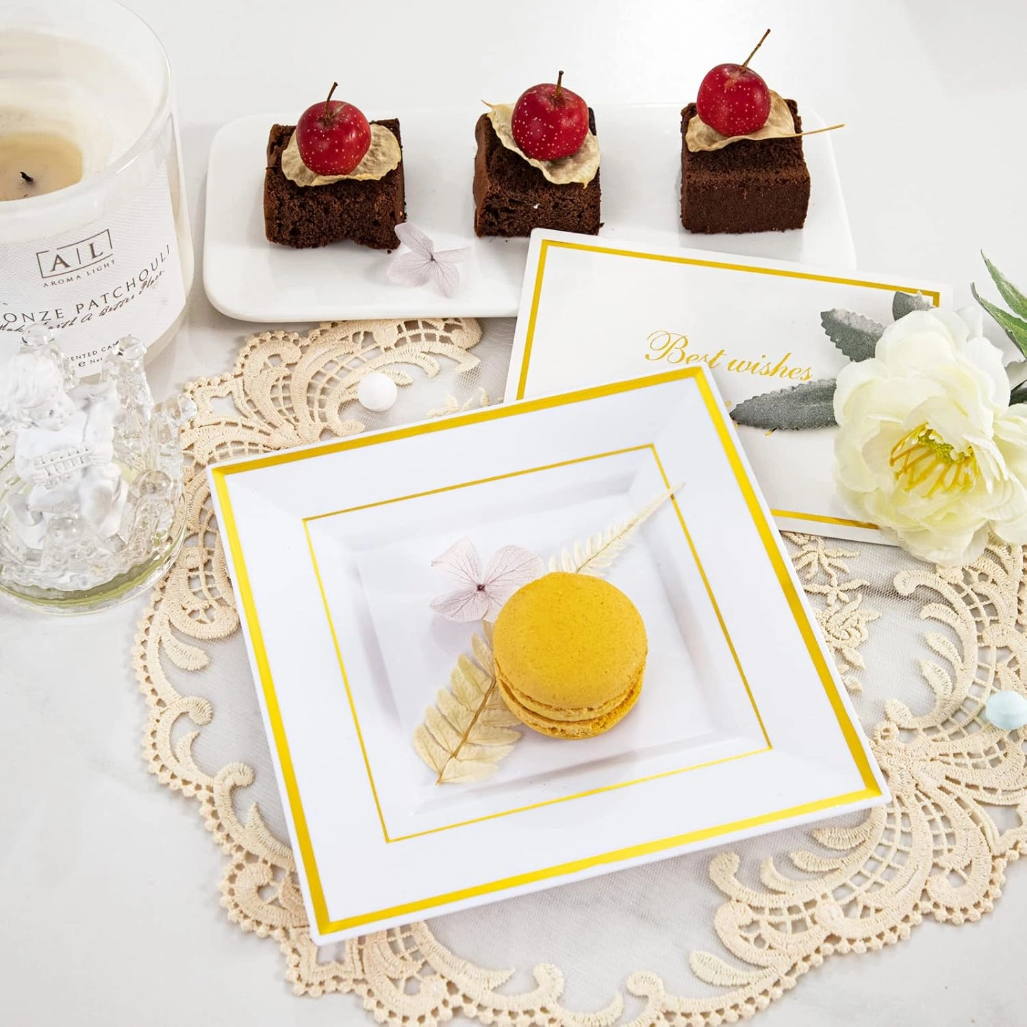 bUCLA 100PCS Gold Square Plastic Plates - 6inch Disposable Dessert/Cake Plates - Premium Hard Square Small Appetizer Plates for Wedding&Party