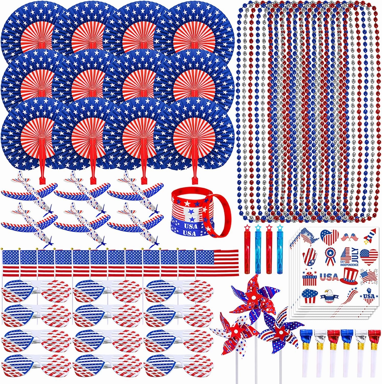 Bulk Patriotic Red White Blue Toy Assortments Patriotic Shutter Glasses Folding Hand Fans Temporary Tattoos Beaded Necklaces Pinwheels Gliders for 4th of July Party Favor Supplies Parades Giveaways