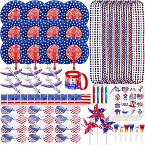 Bulk Patriotic Red White Blue Toy Assortments Patriotic Shutter Glasses Folding Hand Fans Temporary Tattoos Beaded Necklaces Pinwheels Gliders for 4th of July Party Favor Supplies Parades Giveaways