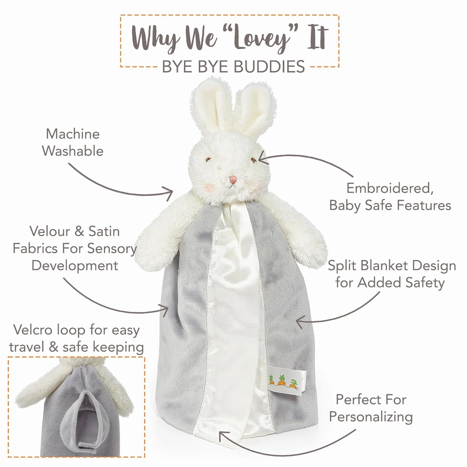 Bunnies By The Bay Bloom Bunny Bye Bye Buddy - Travel Size Baby Lovey - 11 inch Stuffed Rabbit and Baby Blanket - Super Soft Velour with Satin Lining