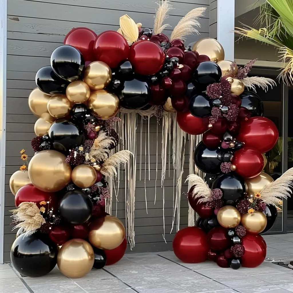 Burgundy Black Gold Balloon Garland - Double Stuffed Dark Red Gold Balloons Maroon Black Balloon Arch Kit for Birthday Graduation Valentine Ceremony Prom Party Decoration