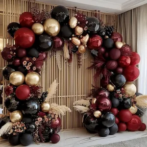 Burgundy Black Gold Balloon Garland - Double Stuffed Dark Red Gold Balloons Maroon Black Balloon Arch Kit for Birthday Graduation Valentine Ceremony Prom Party Decoration