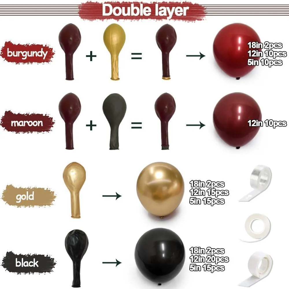 Burgundy Black Gold Balloon Garland - Double Stuffed Dark Red Gold Balloons Maroon Black Balloon Arch Kit for Birthday Graduation Valentine Ceremony Prom Party Decoration
