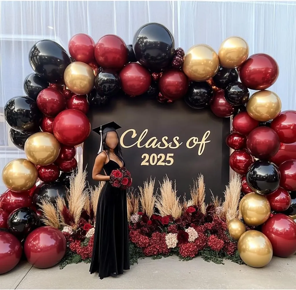 Burgundy Black Gold Balloon Garland - Double Stuffed Dark Red Gold Balloons Maroon Black Balloon Arch Kit for Birthday Graduation Valentine Ceremony Prom Party Decoration