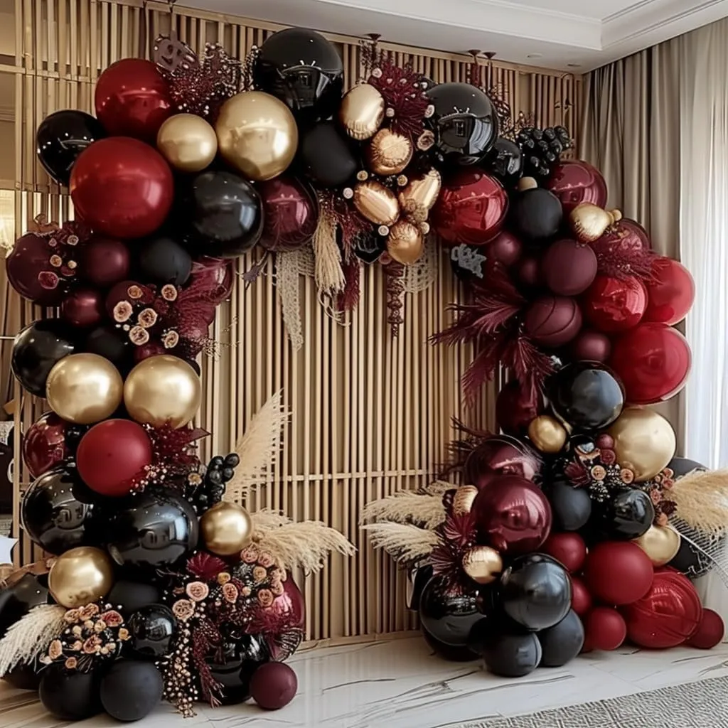 Burgundy Black Gold Balloon Garland - Double Stuffed Dark Red Gold Balloons Maroon Black Balloon Arch Kit for Birthday Graduation Valentine Ceremony Prom Party Decoration