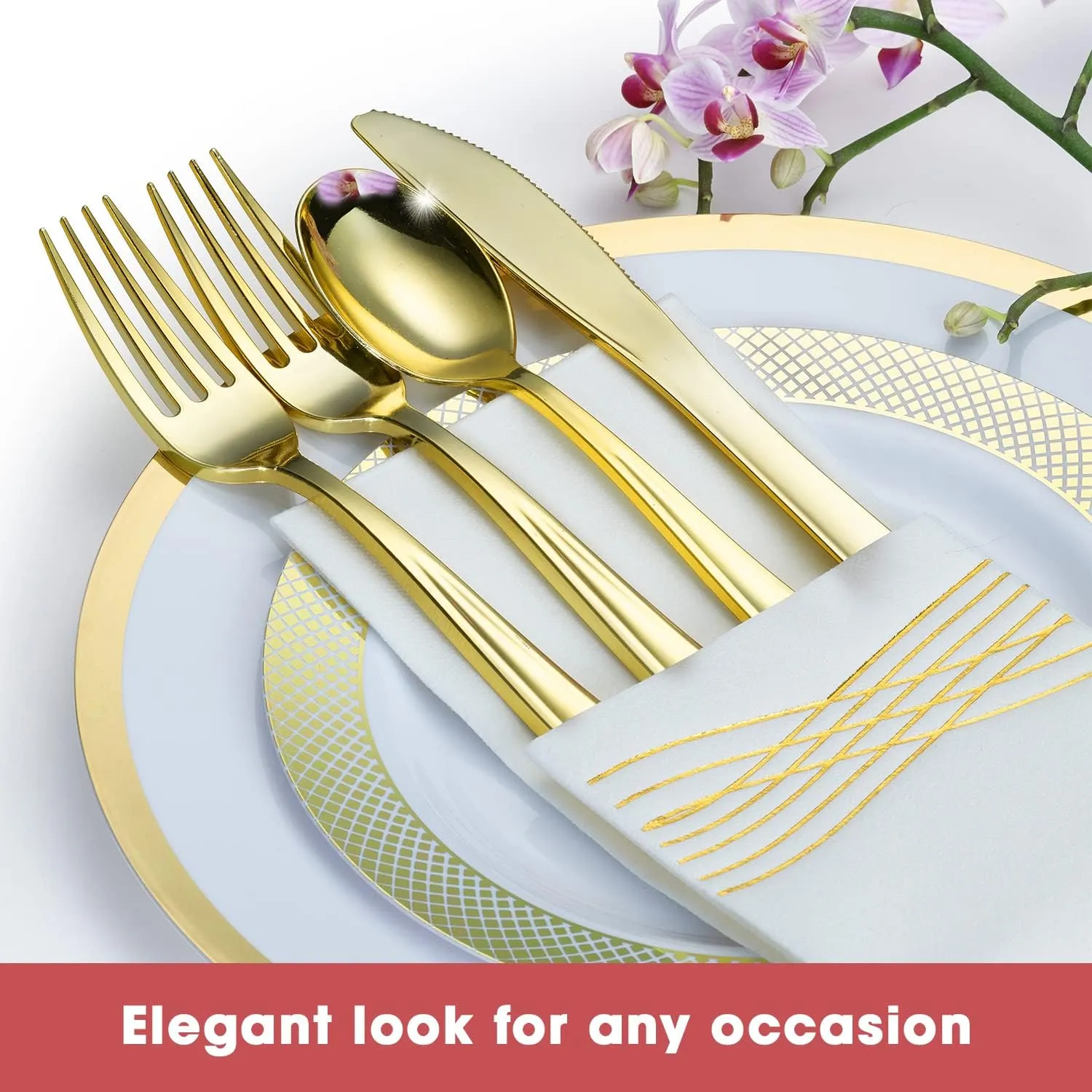 By Madee EXTRA HEAVYWEIGHT 175 Pc White and Gold Disposable Plates and Utensils Set with Linen Like Napkins – Fancy Plastic Dinnerware Sets for Wedding, Bridal Showers, Special Occasion (25 Guests)